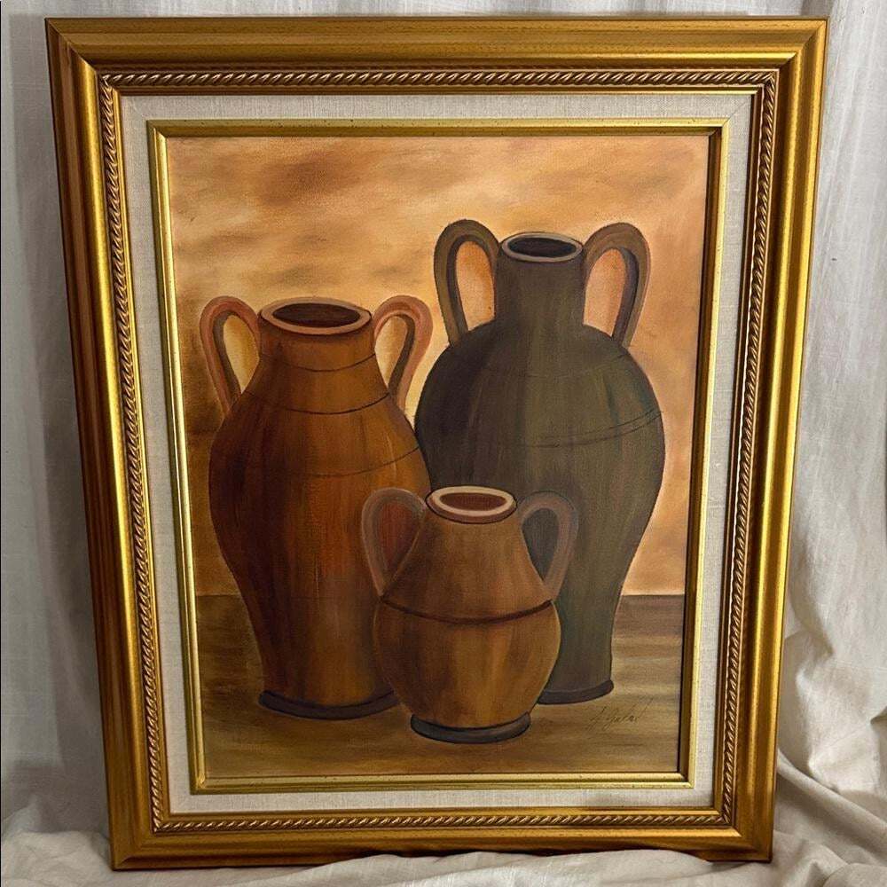 Original Oil Painting Still Life, Framed Mid Century Amphora Vessels Wall Art